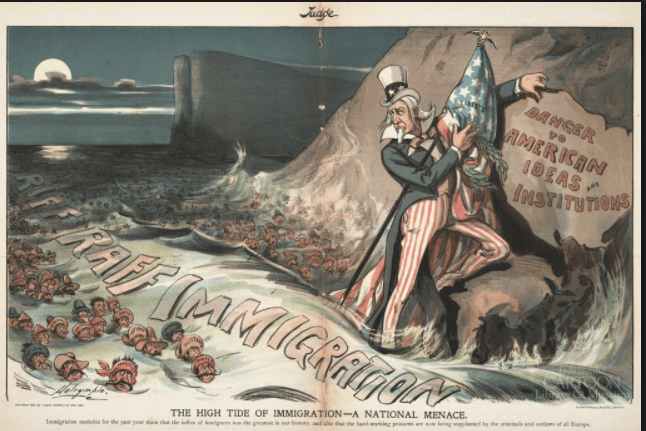 The cartoon "The High Tide of Immigration- A National Menace" appeared in the humor magazine Judge in 1903.