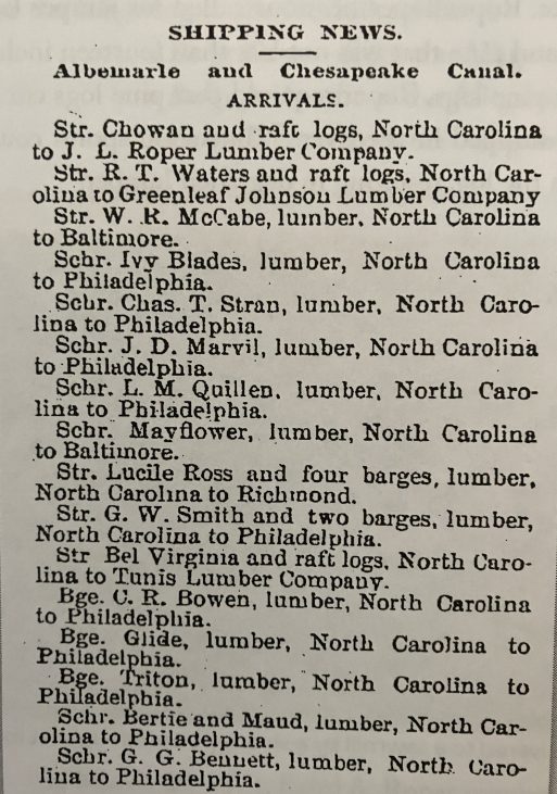 I found this May 18, 1895 notice from the Virginian-Pilot in Bill Barber's excellent new book, Timber, Land and Railroads: A History of the John L. Roper Lumber Company (2023). By listing the arrivals of North Carolina lumber in the port of Norfolk, Va. via the Albemarle & Chesapeake Canal for a single day, it gives us a sense of the staggering amount of the state's lumber that was being shipped north in the late 19th century. The largest part of that lumber was bound for Philadelphia and Baltimore. Bill Barber also wrote a fascinating study of two of the most important lumber companies working in the coastal forests in the vicinity of the Alligator River, east of the East Dismal. That study is called Tyrrell Timber: A History of the Branning Manufacturing Company and the Richmond Cedar Works (2021).