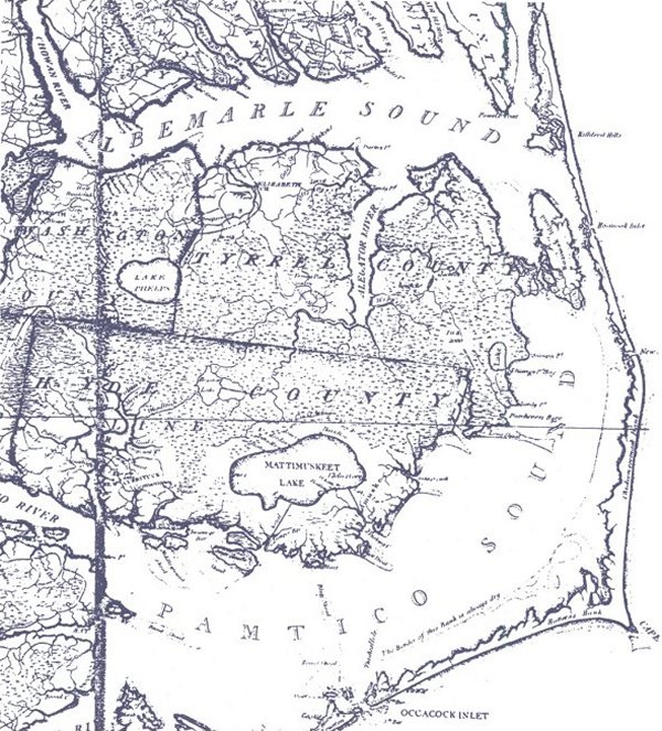 This 1808 map shows the largest freshwater wetland complex on the North Carolina coast. The dotted territory is swamplands, mostly pocosins, but also Including river bottomlands, cypress and gum swamps, and other wetlands. We can see the Pungo River on the western half of Hyde County. The river's hinterlands-- what I am calling the East Dismal Swamp-- ranged over that part of Hyde County, as well as Beaufort County to the west, Washington County to the north, and the eastern part of Martin County to the northwest, Detail from Jonathan Price et. al.,This first actual survey of the state of North Carolina taken by the subscribers is respectfully dedicated (Philadelphia: C.P. Harrison, 1808. Courtesy, Library of Congress