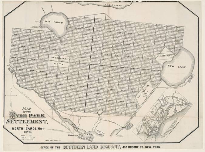One of the more fanciful plans for draining the East Dismal and turning the land to agricultural production dates to 1870. This map shows the Southern Land Company's vision of a development called "Hyde Park," which was to include three villages and dozens of 640-acre farms on the pocosin lands mostly south and east of Pungo Lake. Based in New York, the Southern Land Co. had purchased 90,000 acres of land with an eye to enticing settlers from northern states to settle there. A few settlers may have found a home along the Pungo Canal, the slave-dug, antebellum canal that runs between Pungo Lake and the Pungo River. Overall, though, Hyde Park was just a developer's dream, at best. You can find the Southern Land Co.'s prospectus for recruiting settlers to Hyde Park. Quite a few other land developments in the vicinity of the Pungo also came to naught; on the other hand, at least one, a farming community called Terra Ceia that had a core of Dutch immigrants, was more successful. This map of Hyde Park comes from the North Carolina Collection at UNC-Chapel Hill's Wilson Library.
