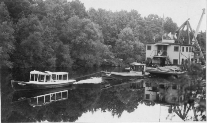 The Long Point and another tender towing No. 14, ca. 1932, place unknown. The view affords a good look at the derrick barge's superstructure, which, while far from spacious, necessary included a boiler room, machine shop, captains quarters, bunks for the crew, and a mess. Source: U.S. Corps of Engineers Digital Library