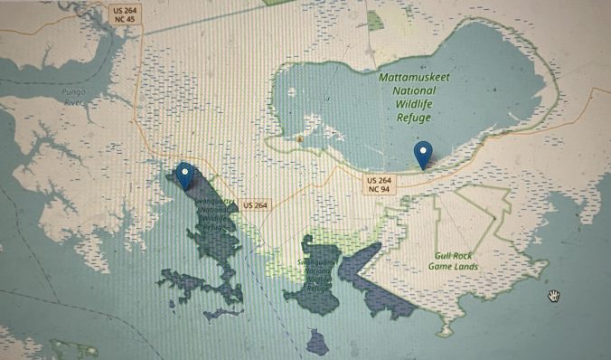 Map of Hyde County, N.C., highlighting the former site of the CCC camp at Bell Island (the blue pin on left) and the site of the CCC camp at Lake Mattamuskeet (the blue pin on right). The darkened area marks the Swan Quarter National Wildlife Refuge. For info on the Pamlico Timber Co. and the federal government's purchase of the land that became the Swan Quarter National Wildlife Refuge, see my story, "The Birth of N.C.'s Coastal Wildlife Refuges." Map courtesy, Swan Quarter National Wildlife Refuge