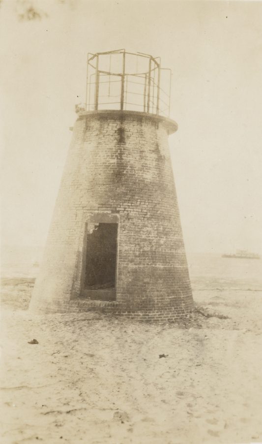 This is a 1917 view of the ruins of the surviving range light on that part of the Cape Fear River-- the Price's Creek Front Range Light. Built in 1849 and activated in 1850, the two lights were part of an extensive system of navigational aides that guided ships from the mouth of the Cape Fear to Wilmington. In a way, they were silent witnesses to all that happened on the Cape Fear, from the passage of Confederate blockade runners during the Civil War to the flight of fugitive slaves concealed in ships bound for the sea. Photo source: Records of the U.S. Coast Guard (RG 26), National Archives- College Park (#45694439)