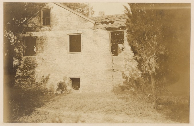 These are the ruins of the keeper's dwelling at the Price Creek Light Station on the Cape Fear River, just upriver of Southport, June 1917. Built in 1849, the brick dwelling had a wooden lantern that served as one of the range lights. That structure has since been destroyed by storms, but the second range light at Price Creek, a squat 20-ft. high brick tower, has survived and can be easily seen from the Southport-Ft. Fisher Ferry. Photo source: Records of the U.S. Coast Guard (RG 26), National Archives- College Park. (#45694445)