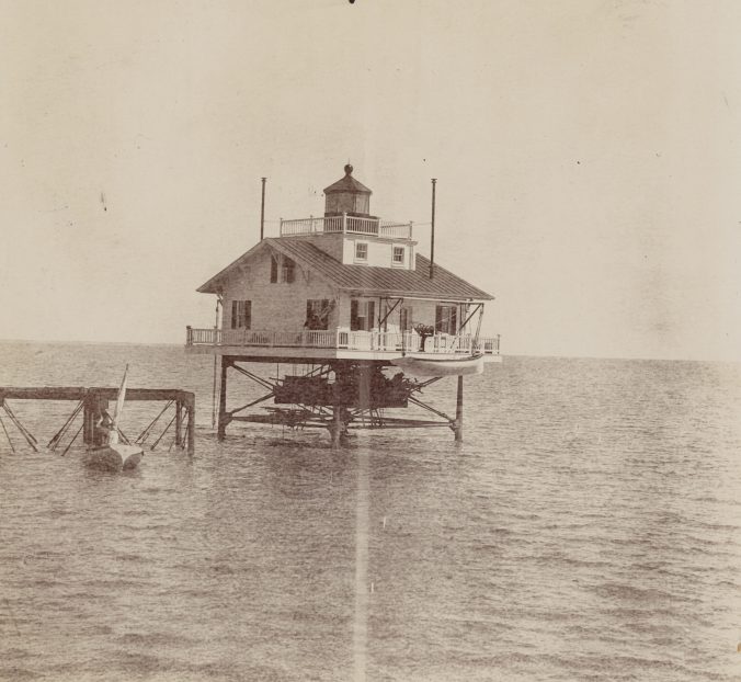 The Wade Point Light Station was another lighthouse damaged in the great freeze of 1917-18. A screw-pile structure built in 1855, it was located at the mouth of the Pasquotank River. The station's 26 x 26 cottage and light rested on 5 steel pilings roughly 12 ft. above the water. During the freeze, a buildup of ice on one side severely damaged the pilings and left the superstructure in danger until repairs could be made. Source: Records of the U.S. Coast Guard (RG 26), National Archives- College Park