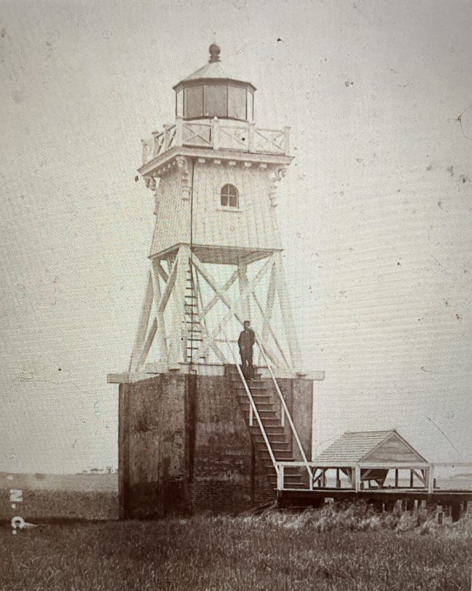 Oak Island Range Light (Rear), Oak Island, N.C., 1893. Source: Records of the U.S. Coast Guard (RG 26), National Archives- College Park (#45698270)