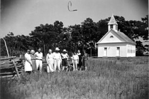A group of Mashoes' citizens gathered in front of the Mashoes Methodist Church in 1942. Courtesy, N.C. Dept. of Conservation and Development Photography Collection, State Archives of North Carolina