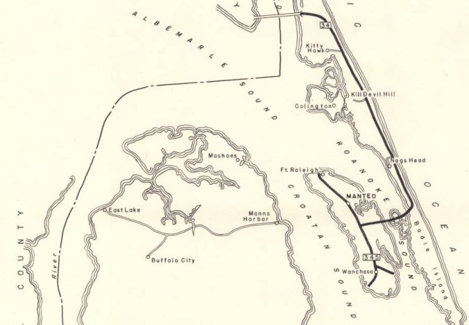 Mashoes and its neighbors, including the Outer Banks, the Alligator River (far left), Albemarle Sound, Croatan Sound, and Roanoke Island. The unmarked body of water just west of Mashoes is East Lake. Detail of Map of Dare County, N.C., ca. 1940 (Federal Writers' Project), State Archives of North Carolina