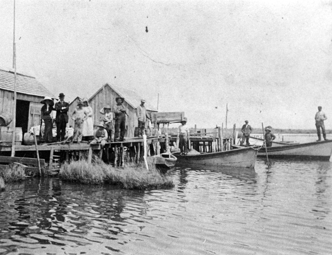 A cluster of fish camps and fishermen at Mashoes, undated. We can see a pair of shad boats on the right, one of them still rigged for sail. A local family or visitors is on the dock, perhaps waiting to be ferried to Elizabeth City, Roanoke Island, or down Croatan Sound. Randall Holmes Collection (AV-5255), Outer Banks History Center