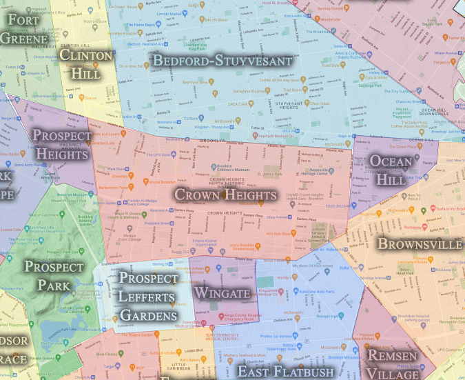 Crown Heights is located in the heart of Brooklyn. Over the course of the 20th century, the neighborhood was home to immigrants from many parts of the world-- early in the century, Italian, Russian, Irish, and Jewish immigrants, among others, and later large numbers of African Americans from the South, Hasidic Jews, and Caribbean immigrants, again among others. Famous residents ranged from Beverly Sills to Audre Lorde and Jackie Robinson. Map courtesy, cityneighborhoods.nyc 