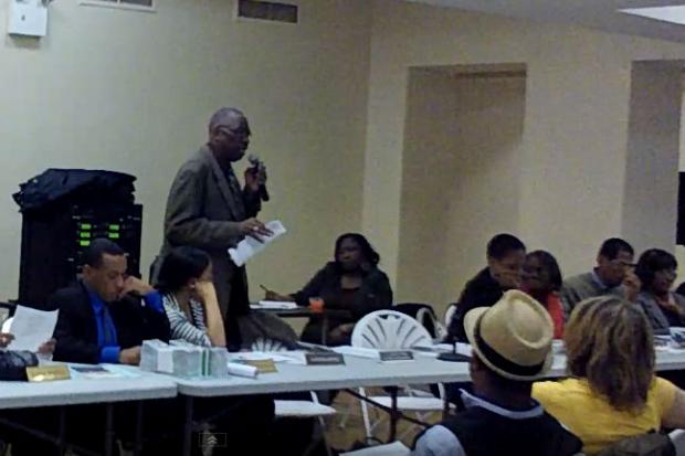Hardy Joe Long addressing a Brooklyn Community Board meeting in 2013. The board was weighing a proposal to rename a portion of a local avenue after his legendary record shop, Birdel's Records. The shop had been a community institution in Bedford-Stuyvesant, the neighborhood just north of Crown Heights, for nearly 70 years. Mr. Long had been the shop's owner since 1961. Photo courtesy, Paul DeBenedetto