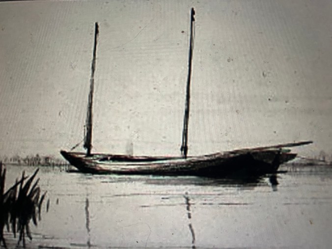 "The Lightkeeper's Boat," by Edward Champney. This sketch of a sailing kunner, or small periauger, at Hatteras Island was drawn during the Civil War. Courtesy, Outer Banks History Center