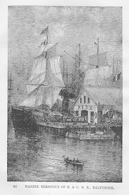 The immigrant ships Braunschweig and Nova Scotia docked at Locust Point, Baltimore. Based on a photograph taken July 1884. Courtesy, Remembering Baltimore and Beyond