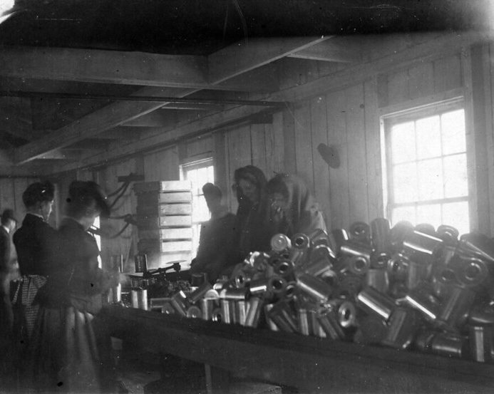 This is the cannery room at Thomas Duncan's oyster factory in Beaufort, N.C., ca. 1900-1910. This may be the only surviving image of Bohemian immigrants working inside an oyster cannery on the North Carolina coast. Courtesy, H.H. Brimley Collection, State Archives of North Carolina