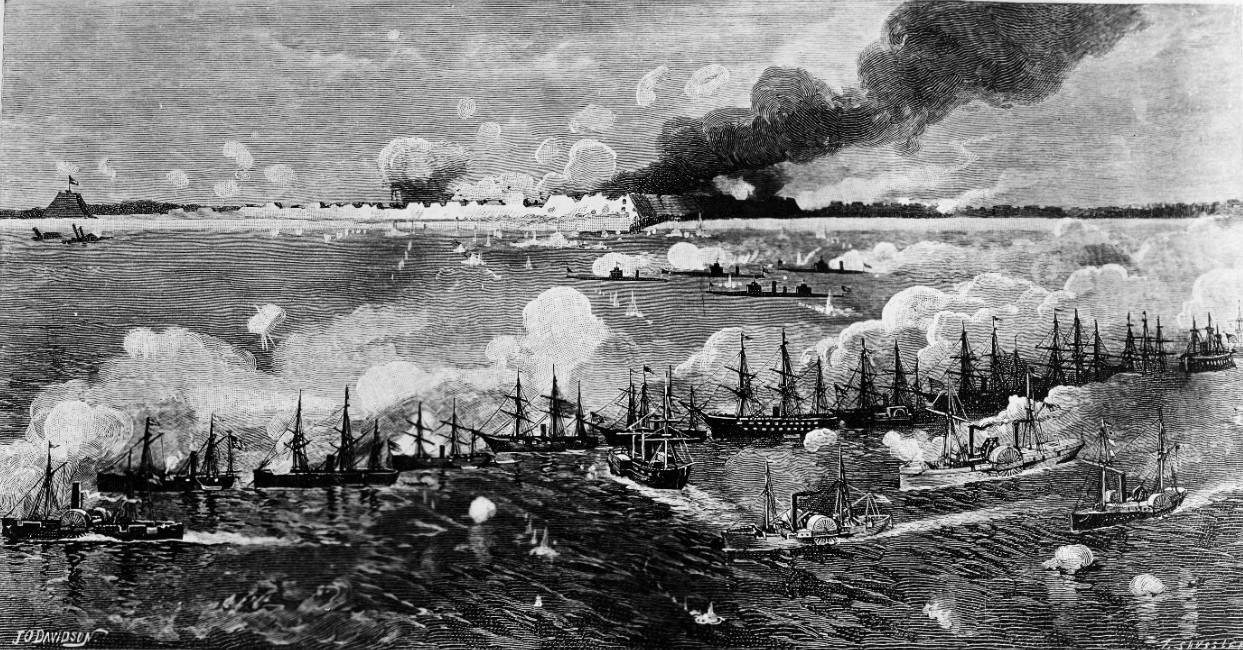 Bombardment of Fort Fisher prior to the ground assault of January 15, 1865. Engraving by T. Shussler based on an artwork by J.O. Davidson. Published in Robert Underwood Johnson, Battles and Leaders of the Civil War (1887). Courtesy, U.S. Naval Historical Center