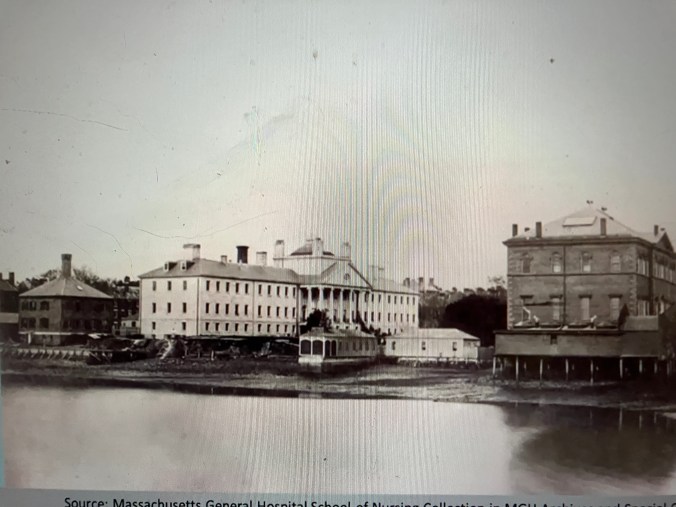 In 1873, the students of the Boston Training School for Nurses did their clinical work in a building called The Brick (far left in this photograph), which was behind the Massachusetts General Hospital's Bullfinch Building (center). Harvard Medical School is on the far right. Courtesy, Massachusetts General Hospital Archives and Special Collections