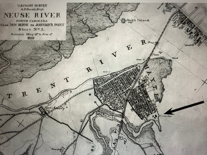A devastating smallpox epidemic also hit the New Bern area in 1864. This map shows James City (called "Hayti" here), which was established as a camp for African Americans who had escaped slavery and sought their freedom in that Union-occupied part of the NC coast. Early in 1864, Federal authorities established a special smallpox hospital in James City specifically to treat African American refugees who contracted the disease. According to the New Bern Historical Society's historian Claudia Houston, that hospital by itself employed at least 44 nurses, all or nearly all black, half women, half men. You can find Ms. Houston's stellar research on the hospital here. Map source: US Survey Map T-1031 (reprinted from Ms. Houston's article).