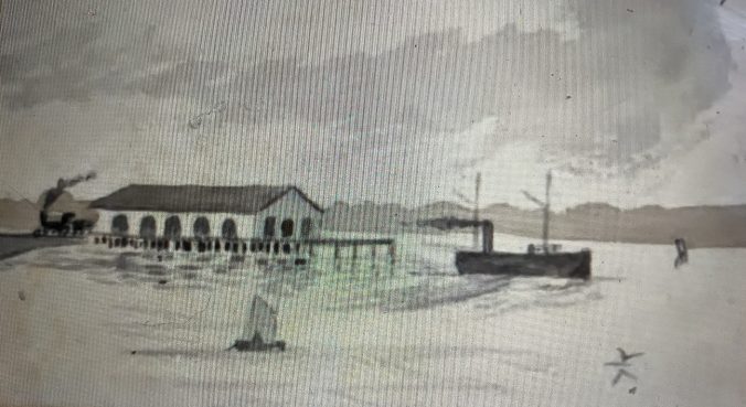 Herbert E. Valentine, "The train depot at Morehead City," ink wash dated 16 April 1863. From the Herbert E. Valentine Scrapbook, Special Collections and University Archives, Virginia Tech, Blacksburg, Va. Valentine served in Company F., 23rd Mass. Infantry. 