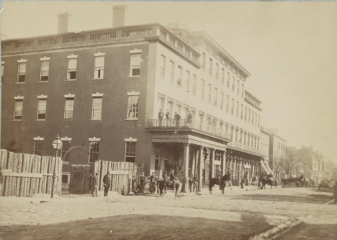The Mansion House Hospital, Alexandria, Va., ca. 1861-65. The Mansion House Hotel was commandeered by the Union army in November 1861 and re-opened as a 500-bed general hospital on December 1, 1861. Photo by Andrew J. Russell. Courtesy, Library of Congress