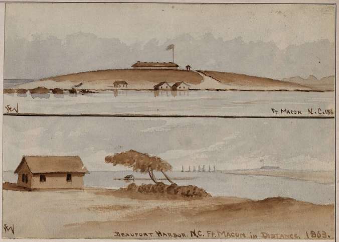 wo views of Fort Macon, 1863. Evidently watercolors painted by a Union sailor or soldier. The top view is from the channel in Beaufort Inlet, while the bottom view is looking across the inlet from Shackleford Banks. Source: Records of the War Dept. General and Special Staffs, RG 165 (NA ID # 533212)