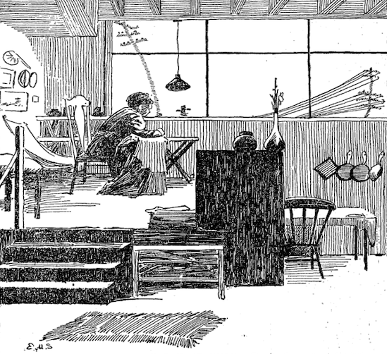 An artist's drawing of Mary Phinney Von Olnhausen in her studio at Grundmann Studios. Located in Boston's Copley Square, the Studios housed the Boston Student Art Association, craft and art studios, and Copley Hall, which hosted art exhibits, lectures, and other cultural events. She was 79 years old at the time. Boston Globe, 9 April 1899. 