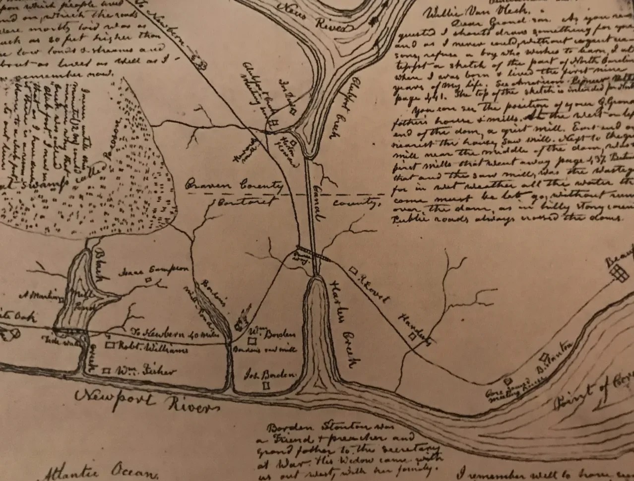 Map of the Quaker settlements on the north side of the Newport River ca. 1800, in John Shoebridge Williams, The Williams History: Tracing the Descendants in America of Robert Williams, of Ruthin, North Wales, who Settled in Carteret County, North Carolina, in 1763. (Drawn ca. 1850-60)