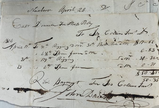 One of the many receipts for repairs to the Polly, New Bern, N.C., April 28, 1805. From Records of the New Hampshire Fire and Marine Insurance Co., Portsmouth Athenaeum