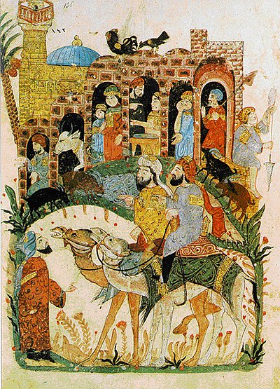 This is a miniature painting called "Discussion Near a Village" by aḥyā ibn Maḥmūd al-Wāsiṭī that is one of the illustrates in a 1237 edition of al-Hariri's Maqamat al-Hariri. Painting in the Bibliothèque Nationale, Paris.