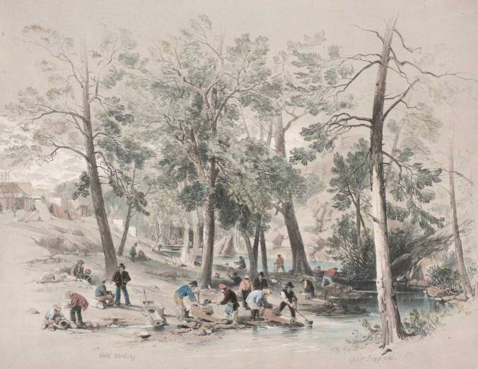 Gold Washing. Fitzroy Bar, Ophir Diggings, 1851, George Angas. National Museum of Australia. More than 16,000 Americans were among the "diggers" that joined the Australian Gold Rush. 