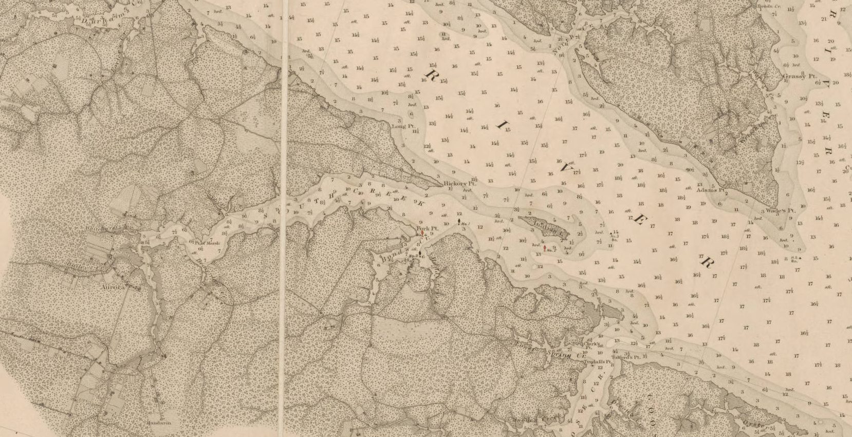 The former site of Betty Town (marked "Aurora" on this map) can be seen midway down the first quarter of this map on South Creek, which has its mouth in the center of this map. South Creek flows into the Pamlico River. On the far right, we can see the mouth of the Pungo River. Detail from A. D. Bache, "Aids to Navigation Corrected to 1884" (U.S. Coast and Geodetic Survey, 1884). Courtesy, North Carolina Collection, Wilson Library, UNC Chapel Hill