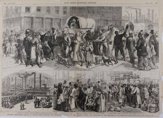 This is an illustration of Exodusters passing through St. Louis on their way to Kansas in 1879. From Frank Leslie’s Illustrated Newspaper, April, 19, 1879. Courtesy, Missouri Historical Society