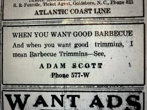 Advertisement for the Rev. Scott's catering services, Goldsboro News of July 17, 1928. 