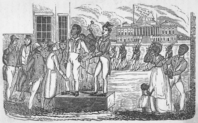 A 19th-century engraving of a slave auction in South Carolina. From Mrs. A.M. French, Slavery in South Carolina and the Ex-Slaves (1862)
