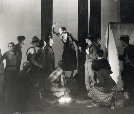 A scene from the original production of "Strike Song," a 3-act play written by James and Loretto Bailey for the Carolina Playmakers, ca. 1930-31. Muriel Wolff was the lead actress in the play and I am fairly confident, but not 100% sure, that the actress in the photograph's center is her. I did not find other photographs of Ms. Wolff. Photo courtesy, UNC Libraries