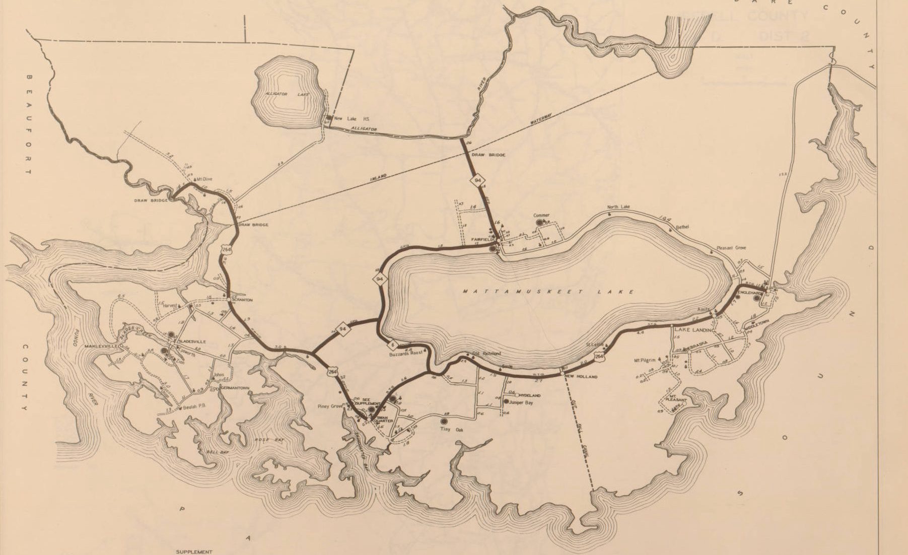This is a 1936 road map for Hyde County, N.C., just east of Terra Ceia. Lake Mattamuskeet occupies the map’s center-right section. A few years before this map was drawn, the lake had reclaimed its bottom and nearly all of New Holland-- a hotel, store, warehouses, barns, cottages, etc.-- had been flooded and abandoned. On this map, the remnants of New Holland are still indicated as being on the lake's south shore. Courtesy, State Archives of North Carolina