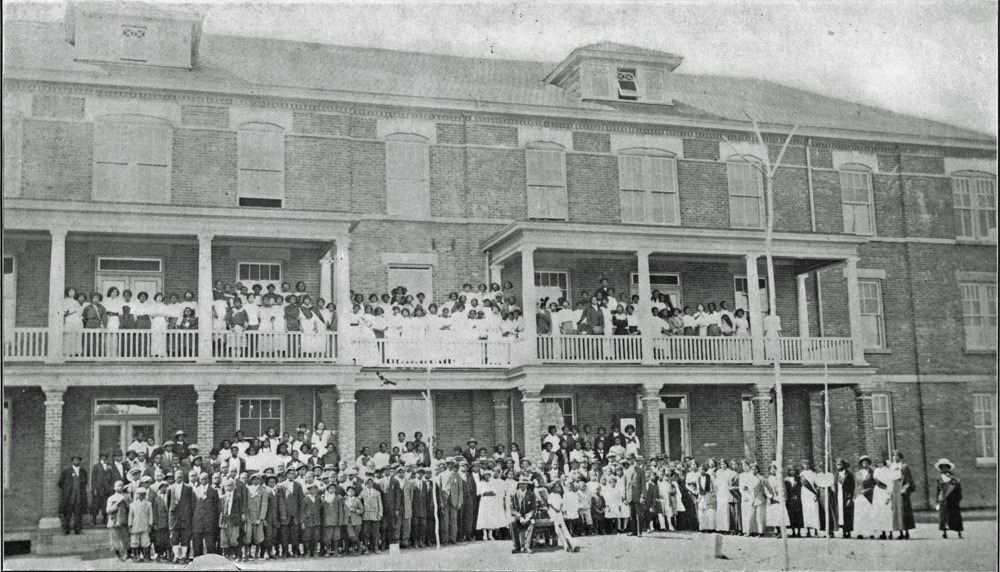 Students and faculty gathered in front of the State Normal School's new administration building probably in 1912. Photo courtesy, University Archives, Elizabeth City State University