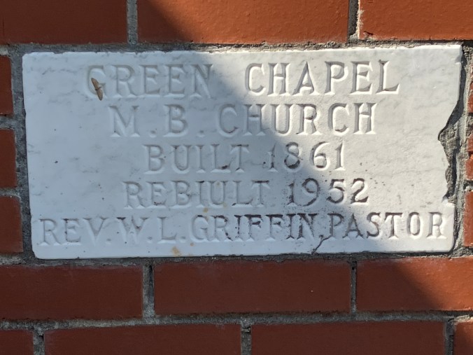The cornerstone at Green Chapel Missionary Baptist Church in Hickman Hill. Green Chapel is one of the oldest African American churches on that part of the North Carolina coast. Photo by David Cecelski