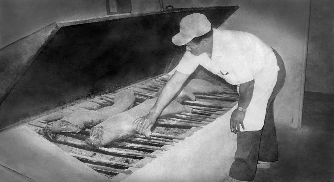 Guy Parker tending the pit at Guy Parker's BBQ in Goldsboro, N.C., undated. Photo courtesy, John Parker