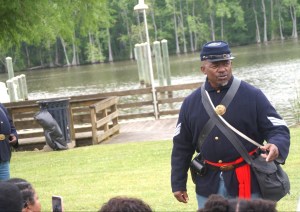 Mr. Curtis Jenkins of the 35th Regiment USCT U.S. Reenactors Group at the commemoration of the Plymouth Massacre in April 2025. Photo by Sharon Bryant