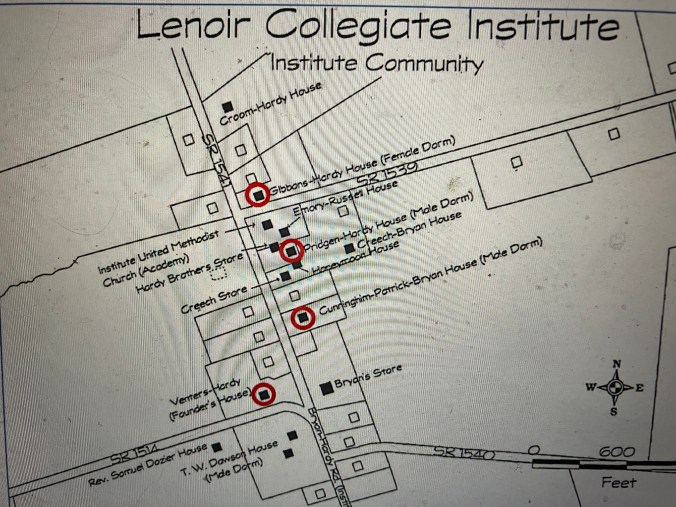 This map of Institute's historic buildings comes from a survey that was done as part of the planning process for a highway pass. See Historic Architecture Eligibility Report: Construct Kinston U.S. 70 Bypass, Lenoir County (NCDOT, 2017).