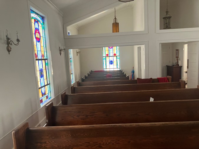 A view of one side of the sanctuary at the Institute United Methodist Church in Institute, N.C. The table in the back on the far right was the church's original altar. Photo by David Cecelski